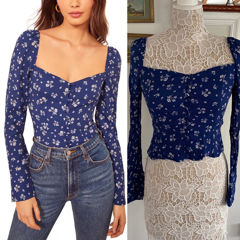 REFORMATION Rosaly Blue Floral Top Button Front Smock Back Sz 6